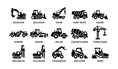 Obraz premium Construction equipment icons: excavator, bulldozer, crane, loaders, mixers, graders