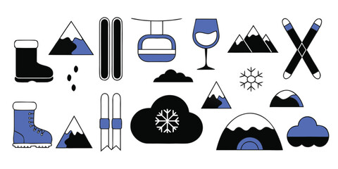 A collection of winter and ski-themed icons including mountains ski boots skis a ski lift a wine glass a snowflake and a tent Keywords: winter, ski, skiing, mountains, snow, mountain © SaHeD