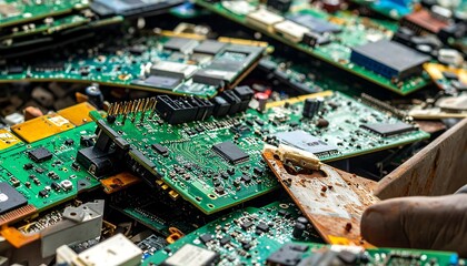 Obraz premium Discarded circuit boards pile, chaotic tech waste. Close-up view of electronics, components and chips in messy disposal