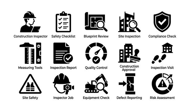 Construction inspection icons for safety, compliance, and quality control