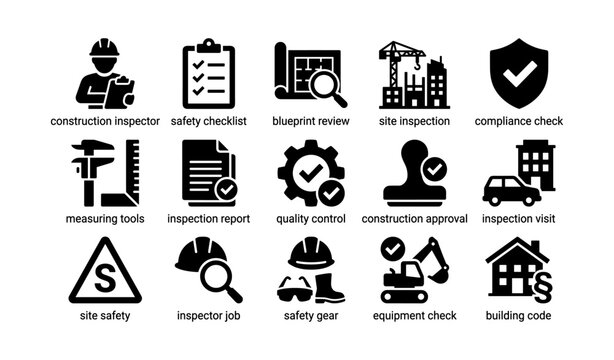 Construction icon set featuring safety and inspection elements