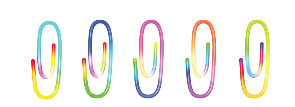 Five colored paper clips isolated on white background. 3D vector illustration