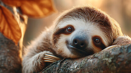 Naklejka premium Backlit sloth hugging a branch with soft glow and open copy space, ideal for educational or editorial wildlife themes.