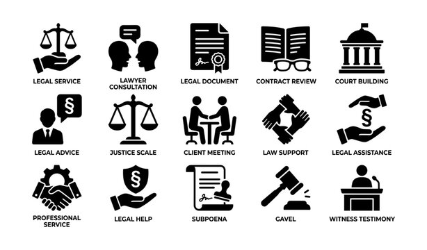 Legal services icons: consultation, documents, court, advice, and support