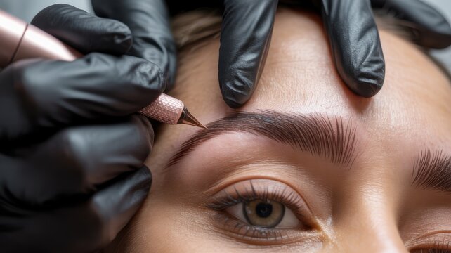 Beauty specialist performing eyebrow microblading procedure close up cosmetic treatment in salon