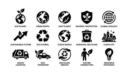 Eco-friendly icons: recycling, sustainable energy, green earth, clean city, environmental protection