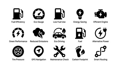 Fuel efficient vehicle icons: eco, emissions, energy saving, alternative power, gps