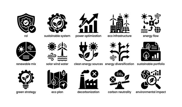 Eco icons for renewable energy systems and environmental strategies