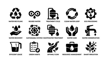 Obraz premium Water conservation icons: recycling, treatment, efficiency, sustainable systems, eco processing