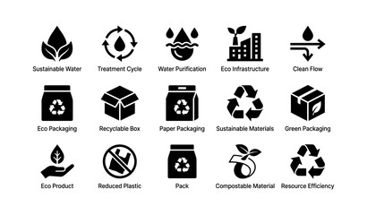 Naklejka premium Eco-friendly icons collection for sustainable packaging and resource efficiency
