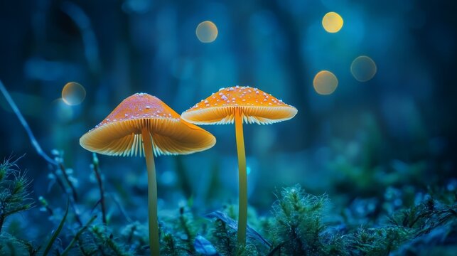 Two vibrant mushrooms illuminated by soft light in a mystical forest setting