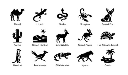 Desert animals and plants: icons of camel, lizard, snake, scorpion, cactus