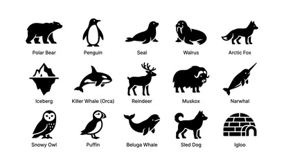 Fototapeta premium Silhouettes of arctic animals: polar bear, penguin, seal, walrus, and more