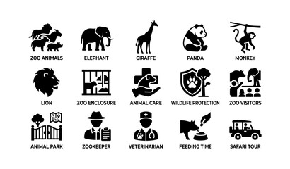 Fototapeta premium Zoo animals icons: elephant, giraffe, panda, wildlife protection