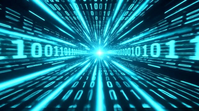 Futuristic binary code tunnel with glowing blue digits and lines.