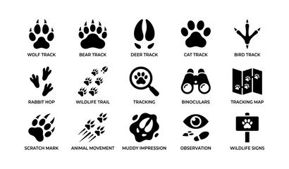 Wildlife tracking icons: paw, claw, and hoof prints with observation tools