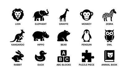 Fototapeta premium Silhouette icons of wild animals and educational toys for children