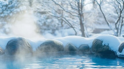 Fototapeta premium A snow covered rock wall next to a body of water. The water is steamy and the snow is piled up on the rocks. The scene is peaceful and serene