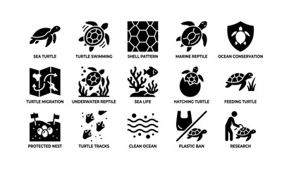 Fototapeta premium Sea turtle conservation icons highlighting marine life and ocean protection efforts