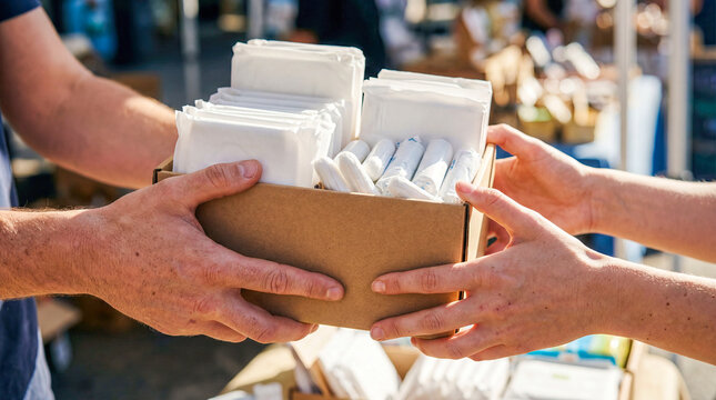 Volunteer handing box feminine hygiene product sanitary pad tampon woman hands charity donation humanitarian aid health relief community support care package social delivery service
