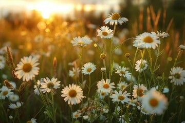 Fototapeta premium Beautiful white daisies blooming in a field during a golden hour sunset, creating a peaceful and idyllic scene