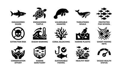 Fototapeta premium Marine conservation icons highlighting ocean threats and wildlife protection