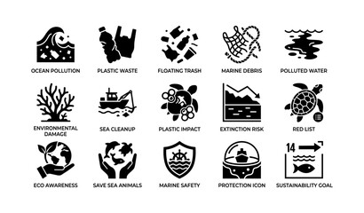 Fototapeta premium Environmental icons: ocean pollution, plastic waste, marine debris, conservation symbols