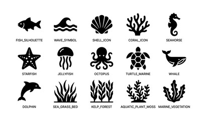 Fototapeta premium Marine life icons: fish, wave, shell, coral, seahorse, starfish, jellyfish, octopus, turtle, whale