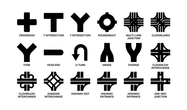 Road sign symbols: intersection, roundabout, cloverleaf, diverge, merge, u-turn, multi-lane