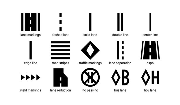 Traffic lane markings and road symbols guide for safe driving and navigation