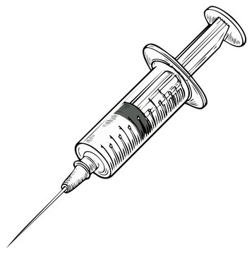 Hand drawn sketch illustration of a medical syringe with a hypodermic needle for injection or vaccination