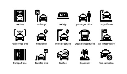 Icon set of taxi services and urban transport symbols