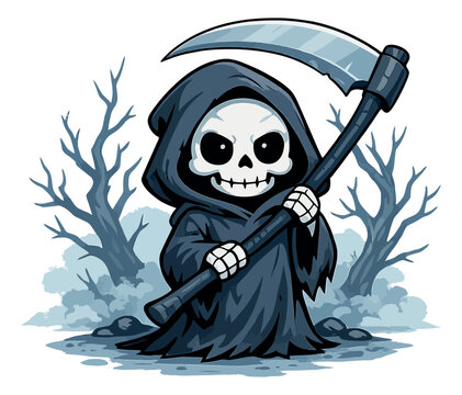 Cute cartoon style illustration of a grim reaper character depicting holding a scythe for halloween