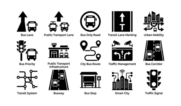 Public transport icons: bus, infrastructure, urban mobility, traffic management