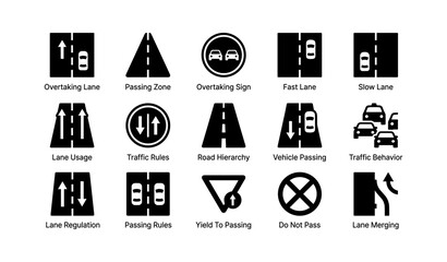 Traffic signs icons: passing, overtaking, lane usage, yield, do not pass