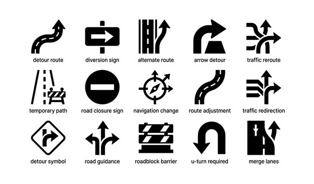 Traffic icons: detour, navigation, road signs, route adjustment, traffic management