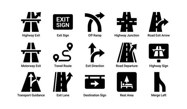 Set of black road sign icons indicating highway routes and directions