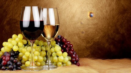 Naklejka premium Two elegant wine glasses filled with red and white wine beside clusters of green and red grapes