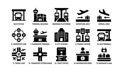 Obraz premium Transportation icons set: bus, airport, train, ticket office, information desk