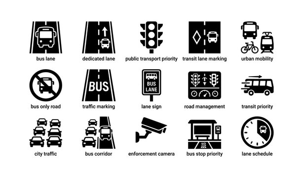 Urban transit icons: bus lanes, traffic management, city mobility