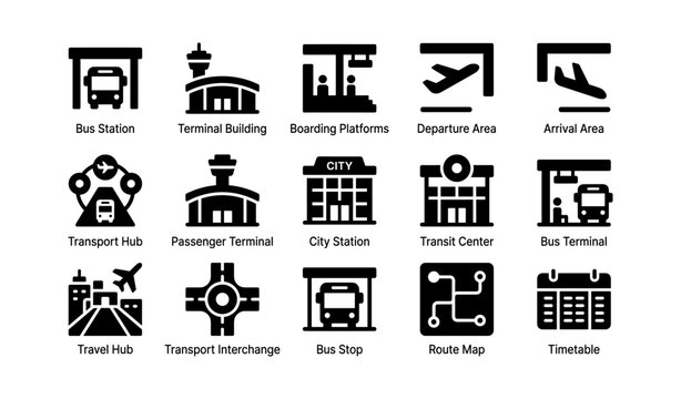 Black icons of transportation and transit hubs including city stations and bus stops
