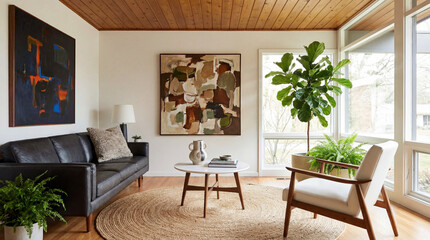 Fototapeta premium Mid-century modern living room with abstract art and natural light