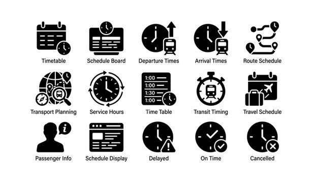 Collection of various black schedule and transport icons on white background