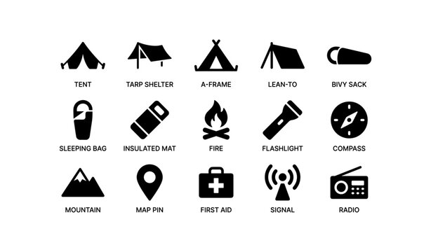 Camping gear icons set featuring shelters, tools, and essentials