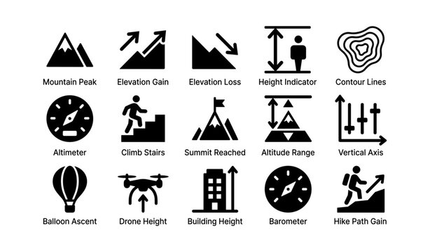 Infographic symbols: mountain, elevation, altimeter, summit, drone