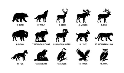 Naklejka premium Silhouettes of north american wildlife: bear, wolf, deer, and more