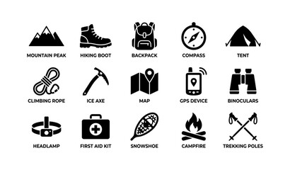 Essential hiking and camping gear icons: adventure tools for outdoor exploration