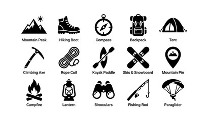 Fototapeta premium Outdoor adventure icons set featuring hiking, camping, and winter sports equipment