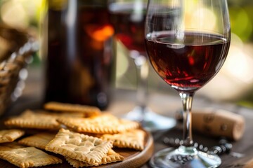 Naklejka premium Red wine tasting with salty crackers and a bottle of wine on a wooden table, enjoying a relaxing moment outdoors