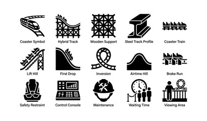 Naklejka premium Roller coaster elements: symbols of tracks, hills, drops, and safety features